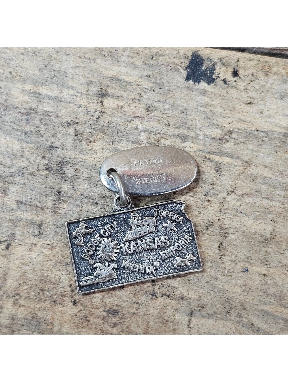 Vintage Kansas State Map Souvenir Charm Sterling Silver Dodge City Topeka